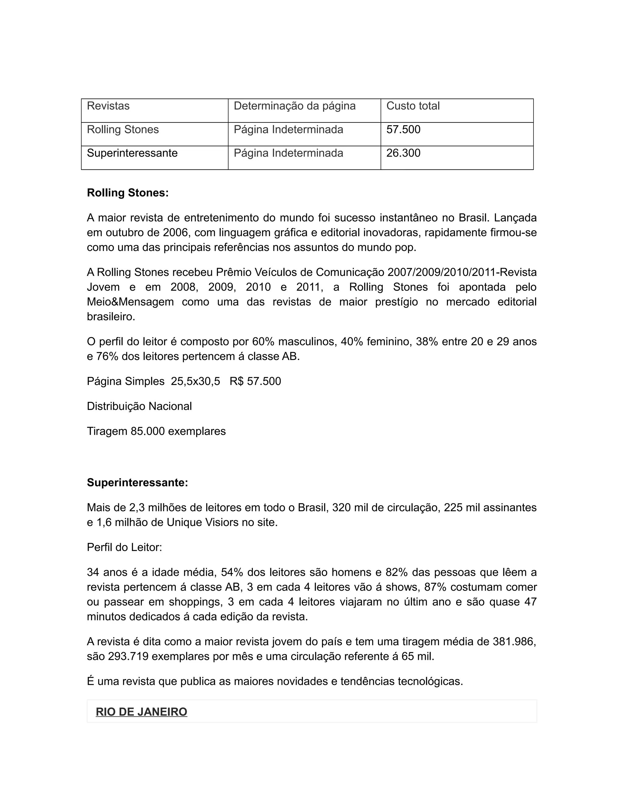 Revistas                     Determinação da página         Custo total

Rolling Stones               Página Indeterminada           57.500

Superinteressante            Página Indeterminada           26.300


Rolling Stones:

A maior revista de entretenimento do mundo foi sucesso instantâneo no Brasil. Lançada
em outubro de 2006, com linguagem gráfica e editorial inovadoras, rapidamente firmou-se
como uma das principais referências nos assuntos do mundo pop.

A Rolling Stones recebeu Prêmio Veículos de Comunicação 2007/2009/2010/2011-Revista
Jovem e em 2008, 2009, 2010 e 2011, a Rolling Stones foi apontada pelo
Meio&Mensagem como uma das revistas de maior prestígio no mercado editorial
brasileiro.

O perfil do leitor é composto por 60% masculinos, 40% feminino, 38% entre 20 e 29 anos
e 76% dos leitores pertencem á classe AB.

Página Simples 25,5x30,5 R$ 57.500

Distribuição Nacional

Tiragem 85.000 exemplares



Superinteressante:

Mais de 2,3 milhões de leitores em todo o Brasil, 320 mil de circulação, 225 mil assinantes
e 1,6 milhão de Unique Visiors no site.

Perfil do Leitor:

34 anos é a idade média, 54% dos leitores são homens e 82% das pessoas que lêem a
revista pertencem á classe AB, 3 em cada 4 leitores vão á shows, 87% costumam comer
ou passear em shoppings, 3 em cada 4 leitores viajaram no últim ano e são quase 47
minutos dedicados á cada edição da revista.

A revista é dita como a maior revista jovem do país e tem uma tiragem média de 381.986,
são 293.719 exemplares por mês e uma circulação referente á 65 mil.

É uma revista que publica as maiores novidades e tendências tecnológicas.

  RIO DE JANEIRO
 