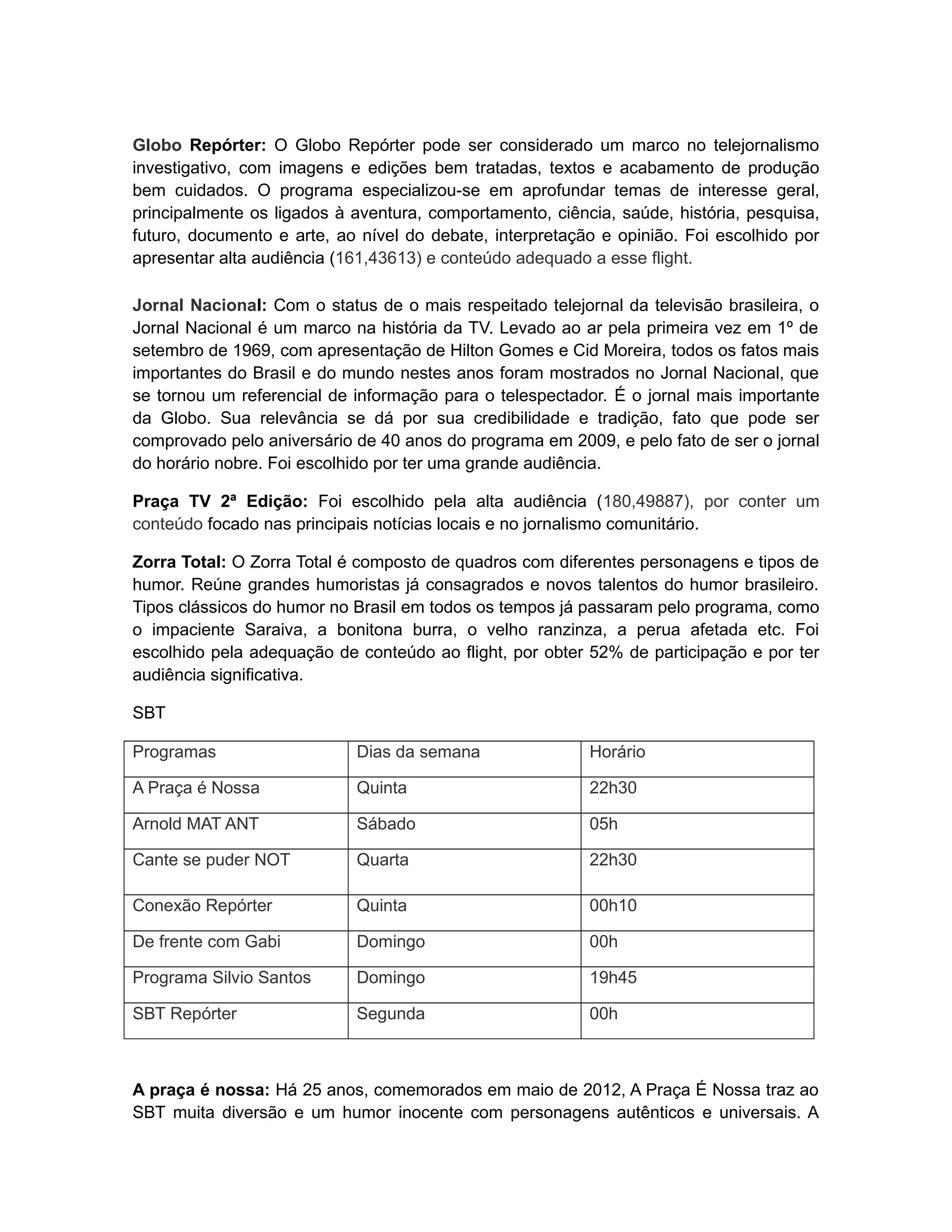 Globo Repórter: O Globo Repórter pode ser considerado um marco no telejornalismo
investigativo, com imagens e edições bem tratadas, textos e acabamento de produção
bem cuidados. O programa especializou-se em aprofundar temas de interesse geral,
principalmente os ligados à aventura, comportamento, ciência, saúde, história, pesquisa,
futuro, documento e arte, ao nível do debate, interpretação e opinião. Foi escolhido por
apresentar alta audiência (161,43613) e conteúdo adequado a esse flight.

Jornal Nacional: Com o status de o mais respeitado telejornal da televisão brasileira, o
Jornal Nacional é um marco na história da TV. Levado ao ar pela primeira vez em 1º de
setembro de 1969, com apresentação de Hilton Gomes e Cid Moreira, todos os fatos mais
importantes do Brasil e do mundo nestes anos foram mostrados no Jornal Nacional, que
se tornou um referencial de informação para o telespectador. É o jornal mais importante
da Globo. Sua relevância se dá por sua credibilidade e tradição, fato que pode ser
comprovado pelo aniversário de 40 anos do programa em 2009, e pelo fato de ser o jornal
do horário nobre. Foi escolhido por ter uma grande audiência.

Praça TV 2ª Edição: Foi escolhido pela alta audiência (180,49887), por conter um
conteúdo focado nas principais notícias locais e no jornalismo comunitário.

Zorra Total: O Zorra Total é composto de quadros com diferentes personagens e tipos de
humor. Reúne grandes humoristas já consagrados e novos talentos do humor brasileiro.
Tipos clássicos do humor no Brasil em todos os tempos já passaram pelo programa, como
o impaciente Saraiva, a bonitona burra, o velho ranzinza, a perua afetada etc. Foi
escolhido pela adequação de conteúdo ao flight, por obter 52% de participação e por ter
audiência significativa.

SBT

Programas                   Dias da semana                Horário

A Praça é Nossa             Quinta                        22h30

Arnold MAT ANT              Sábado                        05h

Cante se puder NOT          Quarta                        22h30

Conexão Repórter            Quinta                        00h10

De frente com Gabi          Domingo                       00h

Programa Silvio Santos      Domingo                       19h45

SBT Repórter                Segunda                       00h



A praça é nossa: Há 25 anos, comemorados em maio de 2012, A Praça É Nossa traz ao
SBT muita diversão e um humor inocente com personagens autênticos e universais. A
 