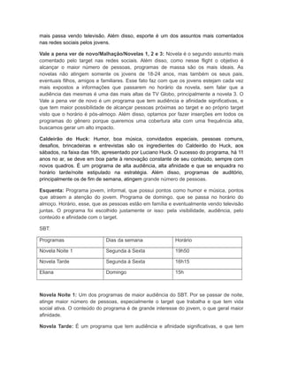 mais passa vendo televisão. Além disso, esporte é um dos assuntos mais comentados
nas redes sociais pelos jovens.

Vale a pena ver de novo/Malhação/Novelas 1, 2 e 3: Novela é o segundo assunto mais
comentado pelo target nas redes sociais. Além disso, como nesse flight o objetivo é
alcançar o maior número de pessoas, programas de massa são os mais ideais. As
novelas não atingem somente os jovens de 18-24 anos, mas também os seus pais,
eventuais filhos, amigos e familiares. Esse fato faz com que os jovens estejam cada vez
mais expostos a informações que passarem no horário da novela, sem falar que a
audiência das mesmas é uma das mais altas da TV Globo, principalmente a novela 3. O
Vale a pena ver de novo é um programa que tem audiência e afinidade significativas, e
que tem maior possibilidade de alcançar pessoas próximas ao target e ao próprio target
visto que o horário é pós-almoço. Além disso, optamos por fazer inserções em todos os
programas do gênero porque queremos uma cobertura alta com uma frequência alta,
buscamos gerar um alto impacto.

Caldeirão do Huck: Humor, boa música, convidados especiais, pessoas comuns,
desafios, brincadeiras e entrevistas são os ingredientes do Caldeirão do Huck, aos
sábados, na faixa das 16h, apresentado por Luciano Huck. O sucesso do programa, há 11
anos no ar, se deve em boa parte à renovação constante de seu conteúdo, sempre com
novos quadros. É um programa de alta audiência, alta afinidade e que se enquadra no
horário tarde/noite estipulado na estratégia. Além disso, programas de auditório,
principalmente os de fim de semana, atingem grande número de pessoas.

Esquenta: Programa jovem, informal, que possui pontos como humor e música, pontos
que atraem a atenção do jovem. Programa de domingo, que se passa no horário do
almoço. Horário, esse, que as pessoas estão em família e eventualmente vendo televisão
juntas. O programa foi escolhido justamente or isso: pela visibilidade, audiência, pelo
conteúdo e afinidade com o target.

SBT:

Programas                   Dias da semana               Horário

Novela Noite 1              Segunda á Sexta              19h50

Novela Tarde                Segunda á Sexta              16h15

Eliana                      Domingo                      15h



Novela Noite 1: Um dos programas de maior audiência do SBT. Por se passar de noite,
atinge maior número de pessoas, especialmente o target que trabalha e que tem vida
social ativa. O conteúdo do programa é de grande interesse do jovem, o que geral maior
afinidade.

Novela Tarde: É um programa que tem audiência e afinidade significativas, e que tem
 