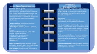Texto ArgumentaciónTener una intención persuasiva, o sea, querer
convencer al lector de algo.
Se caracterizan por:Tener una intención
persuasiva, o sea, querer convencer al lector de
algo. Emplear argumentos para convencer, que
son proposiciones razonadas mediante la
exposición paulatina y cuidadosa de información,
acompañada de su interpretación deseada.
Clasificación
Textos científicos: psicológicos, filosóficos,
lingüísticos, teológicos, etc.
Textos legales: sentencia, recurso o apelación,
etc.
Ensayo.
Textos periodísticos: editorial, cartas de los
lectores, páginas de opinión.
Debates orales: foros de opinión.
INTENCION COMUNICATIVA
Defender una idea y convencer.
ELEMENTOS
PRESENTACIÓN: Antes de lanzarnos al ruedo y
poner sobre la mesa la tesis o idea a defender, es
conveniente hacer un breve preludio.
EXPOSICIÓN: Una vez ubicados, toca poner en
antecedentes.
INTENCIÓN
COMUNICATIVA
ARGUMENTACIÓN:Tras un rodeo pequeño y otro
algo mayor, es hora de ir al meollo de la cuestión.
CONCLUSIÓN: En una obra en tres actos es más
que probable que algo de información se haya
quedado por el camino.
Estructura
Un texto argumentativo se compone,
generalmente, de tres partes fundamentales:
Introducción o planteamiento. Que es el punto de
partida o planteamiento de una situación inicial, de
la cual se debería desprender el problema a abordar
en el texto.También se conoce como “premisas” o
“datos”.
Tesis o proposición.Que es el conjunto de las ideas
a defender argumentalmente, las cuales suelen
desprenderse del planteamiento, a modo de
inferencias.
Conclusión o síntesis. Etapa final a la que conducen
los argumentos y que resume el punto de vista en la
materia del autor del texto.
 