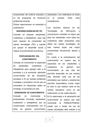 10
componentes del sistema educativo y
en los programas de formación
profesional docente.
Dichas repercusiones se presentan a
continuación:
NOCIONES BÁSICAS DE TIC
Consiste en preparar estudiantes,
ciudadanos y trabajadores, para que
sean capaces de comprender las
nuevas tecnologías (TIC) y puedan
así apoyar el desarrollo social y
mejorar la productividad económica.
PROFUNDIZACIÓN DEL
CONOCIMIENTO
Consiste en incrementar la capacidad
de estudiantes, ciudadanos y
trabajadores para agregar valor a la
sociedad y a la economía, aplicando
conocimientos de las disciplinas
escolares a fin de resolver problemas
complejos y prioritarios con los que se
encuentran en situaciones reales en
el trabajo, la sociedad y la vida.
GENERACIÓN DE CONOCIMIENTO
Consiste en incrementar la
productividad, formando estudiantes,
ciudadanos y trabajadores que se
comprometan continuamente con la
tarea de generar conocimiento,
estudiantes y los estándares de éstas
en el currículo. Entre otras
competencias.
Las nociones básicas de las
Tecnologías de Información y
comunicación consisten en lograr que
tanto los estudiantes como todos los
ciudadanos estén preparados para
utilizar las nuevas tecnologías, de
esta manera lograr una mayor
productividad educacional, laboral y
social.
En cuanto a la profundización del
conocimiento se espera que la
capacidad de los estudiantes y
ciudadanos en general sea
incrementada, ya que esto les
permitirá desarrollar de una manera
más eficiente cada una de las
actividades que realicen y además les
permitirá desarrollarse mucho mejor
en todo lo que realicen, tanto en los
centros educativos como en las
instituciones en las cuales laboran.
En lo relacionado a la generación del
conocimiento se espera que este
incremente la PRODUCTIVIDAD,
puesto que a través del uso de
nuevas tecnologías ellos estarán a la
 