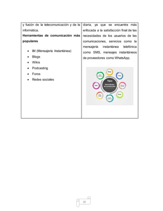 18
y fusión de la telecomunicación y de la
informática.
Herramientas de comunicación más
populares
 IM (Mensajería Instantánea)
 Blogs
 Wikis
 Podcasting
 Foros
 Redes sociales
diaria, ya que se encuentra más
enfocada a la satisfacción final de las
necesidades de los usuarios de las
comunicaciones, servicios como la
mensajería instantánea telefónica
como SMS, mensajes instantáneos
de proveedores como WhatsApp.
 