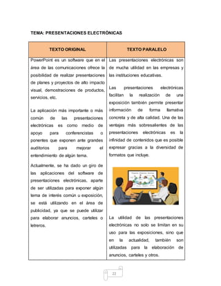 22
TEMA: PRESENTACIONES ELECTRÓNICAS
TEXTO ORIGINAL TEXTO PARALELO
PowerPoint es un software que en el
área de las comunicaciones ofrece la
posibilidad de realizar presentaciones
de planes y proyectos de alto impacto
visual, demostraciones de productos,
servicios, etc.
La aplicación más importante o más
común de las presentaciones
electrónicas es como medio de
apoyo para conferencistas o
ponentes que exponen ante grandes
auditorios para mejorar el
entendimiento de algún tema.
Actualmente, se ha dado un giro de
las aplicaciones del software de
presentaciones electrónicas, aparte
de ser utilizadas para exponer algún
tema de interés común u exposición,
se está utilizando en el área de
publicidad, ya que se puede utilizar
para elaborar anuncios, carteles o
letreros.
Las presentaciones electrónicas son
de mucha utilidad en las empresas y
las instituciones educativas.
Las presentaciones electrónicas
facilitan la realización de una
exposición también permite presentar
información de forma llamativa
concreta y de alta calidad. Una de las
ventajas más sobresalientes de las
presentaciones electrónicas es la
infinidad de contenidos que es posible
expresar gracias a la diversidad de
formatos que incluye.
La utilidad de las presentaciones
electrónicas no solo se limitan en su
uso para las exposiciones, sino que
en la actualidad, también son
utilizadas para la elaboración de
anuncios, carteles y otros.
 