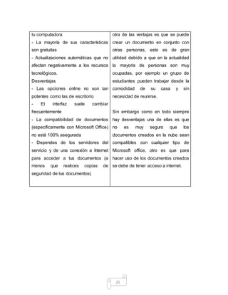 25
tu computadora
- La mayoría de sus características
son gratuitas
- Actualizaciones automáticas que no
afectan negativamente a los recursos
tecnológicos.
Desventajas
- Las opciones online no son tan
potentes como las de escritorio
- El interfaz suele cambiar
frecuentemente
- La compatibilidad de documentos
(específicamente con Microsoft Office)
no está 100% asegurada
- Dependes de los servidores del
servicio y de una conexión a Internet
para acceder a tus documentos (a
menos que realices copias de
seguridad de tus documentos)
otra de las ventajas es que se puede
crear un documento en conjunto con
otras personas, esto es de gran
utilidad debido a que en la actualidad
la mayoría de personas son muy
ocupadas, por ejemplo un grupo de
estudiantes pueden trabajar desde la
comodidad de su casa y sin
necesidad de reunirse.
Sin embargo como en todo siempre
hay desventajas una de ellas es que
no es muy seguro que los
documentos creados en la nube sean
compatibles con cualquier tipo de
Microsoft office, otro es que para
hacer uso de los documentos creados
se debe de tener acceso a internet.
 