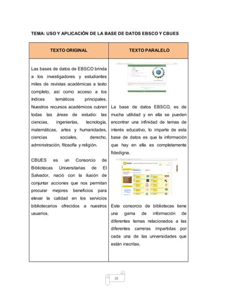 38
TEMA: USO Y APLICACIÓN DE LA BASE DE DATOS EBSCO Y CBUES
TEXTO ORIGINAL TEXTO PARALELO
Las bases de datos de EBSCO brinda
a los investigadores y estudiantes
miles de revistas académicas a texto
completo, así como acceso a los
índices temáticos principales.
Nuestros recursos académicos cubren
todas las áreas de estudio: las
ciencias, ingenierías, tecnología,
matemáticas, artes y humanidades,
ciencias sociales, derecho,
administración, filosofía y religión.
CBUES es un Consorcio de
Bibliotecas Universitarias de El
Salvador, nació con la ilusión de
conjuntar acciones que nos permitan
procurar mejores beneficios para
elevar la calidad en los servicios
bibliotecarios ofrecidos a nuestros
usuarios.
La base de datos EBSCO, es de
mucha utilidad y en ella se pueden
encontrar una infinidad de temas de
interés educativo, lo imparte de esta
base de datos es que la información
que hay en ella es completamente
fidedigna.
Este consorcio de bibliotecas tiene
una gama de información de
diferentes temas relacionados a las
diferentes carreras impartidas por
cada una de las universidades que
están inscritas.
 