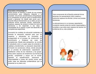 Este componente de la filosofía pretende formar
personas con pensamiento crítico creativa y
autónoma capaces de afrontar y tomar sus propias
decisiones.
La educaciones en si un proceso capacitación
constante creando entes de cambio responsables y
sociables y que estos sean capaces de resolver los
problemas de su vida cotidiana.
,
Supuestos antropológicos
Busca formar al individuo a través de sus propios
conocimientos para reflejarlos después a la
sociedad. Una de las características antropológicas
es la perspectiva de educar para la transformación
social y personal. Es desde este punto que el
docente influye directamente con su labor ya que se
pretende formar personas críticas, autónomas y
creativas capaces de encarar la tarea de toma de
decisiones y de responder a los retos y
necesidades de su tiempo a partir del desarrollo de
competencias específicas.
Innovando los modelos de educación existentes se
fomenta la educación espacial para que los
maestros y educandos se conviertan en
protagonistas en el proceso de construcción del
conocimiento y fortalecer así pues las
competencias. Desde esta perspectiva, se concibe
al estudiante como un sujeto capaz de entender su
realidad y transformarla. La educación desarrolla la
formación de conciencias críticas, donde educarse
es un proceso de potenciación, capacitación y
habilitación crítica de los individuos y los grupos.
Estos serán capaces de transformar sus formas de
percibir, comprender y actuar con el mundo,
logrando la autoafirmación, autonomía y
responsabilidad a través del cambio social, para
poder tratar las diferentes problemáticas que se
presenten en su diario vivir.
,
 