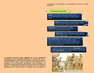 La educación durante la época Medieval era la que comúnmente
conocemos como la educación tradicional. El conocimiento que se
había adquirido de las culturas griega y romana, estuvieron asociados a
la Iglesia Católica. Poco a poco la iglesia se fue apoderando de la
educación y los pensamientos grecolatinos fueron decayendo. La
educación monacal trato de conservar la cultura antigua por medio de la
literatura. La disciplina sobresale en esta época y no se le permite al
estudiante dar su punto de vista. El maestro tenía que adquirir el
conocimiento y transmitírselo a los estudiantes así como el lo había
aprendido.
Principales Exponentes
Casiodoro, monje benedictino, perfecto representante de la cultura
medieval, tuvo gran influencia en la educación monástica escribió una obra
“Las Instituciones Literarias, Divinas y Humanos”, que trata de las artes
liberales.
Scotus Erigena, fue sucesor de Alcuino en la escuela de
Carlomagno es un personaje dotado de gran cultura. Realzo el
valor de la cultura griega y la filosofía en la educación.
Alberto Magno, llamado el doctor universal, expuso la filosofía de
Aristóteles, llegada a través de lo árabes y considera que es posible
conciliar la razón con la fe.
Alcuino, ministro de Carlomagno. Hizo del monasterio San Martín de tours
un gran centro de enseñanza. Escribió una obra sobre las siete artes
liberales, introducción su división en trívium y cuadrivio.
Santo Tomas de Aquino, discípulo de Alberto Magno, la más alta expresión
de la escolástica y del pensamiento filosófico medieval, no escribió
expresamente sobre educación pero su pensamiento ha influido en toda la
pedagogía desde la Edad Media hasta nuestros días. Para Santo Tomas el
maestro no es el que comunica su ciencia al discípulo, sino que es el que
ayuda a este a formarse dentro de sí.
Otros filósofos importantes de este período son Boecio (480), que en La
consolación de la filosofía defiende la independencia de la razón frente a la fe,
Isidoro de Sevilla (562-636) que pretende una interpretación lógica y racional
al modo aristotélico de las Sagradas Escrituras.
 