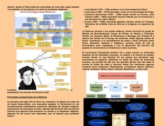 declive, desde el Papa hasta los sacerdotes de más bajo rango estaban
corrompidos, lo que generó una serie de protestas religiosas.
La educación tuvo otro enfoque en esta época a raíz de la reforma
protestante, los avances se hicieron notar.
Principales protagonistas de la Reforma
A principios del siglo XVI el clima con respecto a la Iglesia era cada vez
de mayor descontento. Los impuestos papales, la intromisión en los
nombramientos eclesiásticos opresivos, ejemplos de clérigos indignos,
extensiones de impuestos al clero, además del fermento del humanismo
hicieron que algunos ojos buscaran un cambio y un despertar religioso.
Algunas de las voces más relevantes, que se alzaron para protestar
fueron:
 Juan Wyclif (1324 – 1382) profesor en la Universidad de Oxford
 Juan Huss (1369 – 1415) sacerdote, rector en la Universidad de Praga.
 Jerónimo Savonarola (1452 – 1498) monje nacido en Ferrara, Juan
Calvino (1509 – 1564) sacerdote francés influido por el humanismo y
por las ideas de Lutero. Martín.
 Lutero (1483 – 1546), sacerdote agustino, alemán, doctor en Teología.
Estudioso de la Biblia, trata de reformar a la Iglesia, no separarse de
ella.
La Reforma alcanzó a los países bálticos, donde encontró la ayuda de
Alberto de Brandemburgo, duque de Prusia; en Suecia y Finlandia,
triunfó con Gustavo Basa; en Dinamarca y Noruega con Cristian III y
rebasó los límites de la Europa de entonces, hasta algunas partes de
Rusia. Contribuyó a la consolidación de estas y otras naciones como
Suiza, Alemania, Holanda e Inglaterra, quienes antes de ella se
encontraban poco integradas y con la separación del dominio del
papado se reconocieron y fortalecieron como naciones.
El movimiento Protestante también fue y sigue siendo un primordial
impulsor de las libertades humanas. La cultura y la ciencia no pueden
avanzar donde no hay libertad. En los países que abrazaron este
movimiento se gestaron adelantos en todas las áreas de desarrollo
humano, una prueba de ello son los grandes genios que han dado al
mundo en todas las artes y ciencias, basta con mencionar algunos
nombres como Copérnico, Shakespeare, Livingstone, Bacon, Spencer,
Leibniz, Chalmers, Weber, Bach, Haendel, Beethoven, y otros más.
 