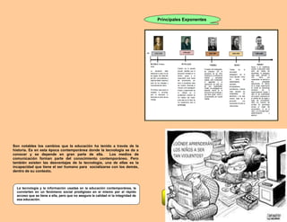 Son notables los cambios que la educación ha tenido a través de la
historia. Es en esta época contemporánea donde la tecnología se da a
conocer y se depende en gran parte de ella. Los medios de
comunicación forman parte del conocimiento contemporáneo. Pero
también existen las desventajas de la tecnología, una de ellas es la
incapacidad que tiene el ser humano para socializarse con los demás,
dentro de su contexto.
La tecnología y la información usadas en la educación contemporánea, la
convierten en un fenómeno social prodigioso en sí mismo por el rápido
acceso que se tiene a ella, pero que no asegura la calidad ni la integridad de
esa educación.
Principales Exponentes
Cuadro comparativo
Theodor
trabajos
Max Hor
estudio
Alemani
 