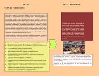 TEXTO
TEMA: EL PROGRESISMO
TEXTO PARALELO
Con diferentes denominaciones tales como escuela nueva, escuela activa, nueva educación, educación
nueva, educación progresista es conocida la Pedagogía Progresista cuya corriente filosófica es el
Progresismo. La Pedagogía Progresista es “un movimiento o grupo de movimientos pedagógicos de
carácter progresista, críticos con la educación tradicional, misma que acusan de formalismo, de
autoritarismo, de fomentar la competitividad y de constituir una mera transmisión de conocimientos
mediante la memorización, pasiva para el alumno y ajena a sus intereses, definiendo su modelo con los
rasgos opuestos: educación práctica, vital, participativa, democrática, colaborativa, activa y
motivadora que surgieron a finales del siglo XIX y se desarrollaron en el siglo siguiente,
convirtiéndose en dominantes en las denominadas reformas educativas planteadas en el contexto
intelectual de la revolución de 1968. De la misma forma se utilizan expresiones como pedagogía
reformista o educación reformista, denominaciones que no sólo se vinculan a las legislaciones de
reforma educativa, sino a los proyectos de reforma social -la propia utilización de la palabra "reforma"
implica una connotación progresista, hasta tal punto que las modificaciones educativas con carácter
conservador se suelen calificar de "contra-reformas" por los partidarios de la pedagogía progresista”
recuperado de: //es.wikipedia.org/w/index.php?oldid=71686395
La educación progresista se plantea el reto simultáneo de ser general e individualizada. Lo primero en
contraste con la forma de enseñanza obligatoria ya que supone distintos tipos de integración y lo
segundo supone responder a las necesidades específicas de cada alumno.
El progresismo en la educación encuentra sus raíces en la experiencia del presente. Gran parte
de los programas de educación más progresistas tienen estas cualidades en común:
 El énfasis en aprender haciendo - proyectos prácticos en el aprendizaje expedicionario, el
aprendizaje experiencial.
 Curriculum integrado centrado en unidades temáticas.
 La integración del espíritu empresarial en la educación.
 Fuerte énfasis en la resolución de problemas y el pensamiento crítico.
 El trabajo en grupo y el desarrollo de habilidades sociales.
 La comprensión y la acción como los objetivos de aprendizaje en contraposición al
conocimiento memorístico.
 Proyectos de aprendizaje colaborativo y cooperativo.
 Educación para la responsabilidad social y la democracia.
 Contabilidad educación altamente personalizado para los objetivos personales de cada
individuo.
 Integración del servicio comunitario y de aprendizaje proyectos en el currículo diario.
 Será necesario Selección de contenidos de las asignaturas de ganas de preguntarle qué
habilidades en la sociedad del futuro.
 De-énfasis en los libros de texto en favor de los recursos de aprendizaje variados
 Énfasis en el aprendizaje permanente y las habilidades sociales.
 Evaluación por la evaluación de los proyectos del niño y producciones.
[El objeto de la Educación. Según Dewey, el
plan de estudios en las escuelas debe reflejar la
de la sociedad. El centro del currículo escolar
debe reflejar el desarrollo de los seres humanos
en la sociedad. El estudio de las materias
básicas debe ir acompañada del estudio de la
cocina, la costura y la formación manual. Por
otra parte, considera que "el progreso no está en
la sucesión de los estudios, pero en el desarrollo
de nuevas actitudes y los nuevos intereses en la
experiencia"]
La pedagogía progresista plantea la tarea docente será el de ayudar a guiar a
sus estudiantes como individuos a través de su aprendizaje y permita que se
desarrolle naturalmente. La filosofía progresista hace énfasis en la
individualidad y el pensamiento crítico, así mismo refuerza los valores centrales
de los estudiantes.
La educación progresista no está limitada a lo académico y el crecimiento
intelectual, en un salón progresista no se mide estrictamente por las
habilidades matemáticas y verbales.
 