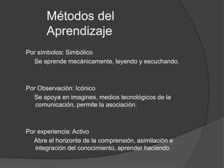Métodos del
Aprendizaje
Por símbolos: Simbólico
Se aprende mecánicamente, leyendo y escuchando.
Por Observación: Icónico
Se apoya en imagines, medios tecnológicos de la
comunicación, permite la asociación.
Por experiencia: Activo
Abre el horizonte de la comprensión, asimilación e
integración del conocimiento, aprender haciendo
 