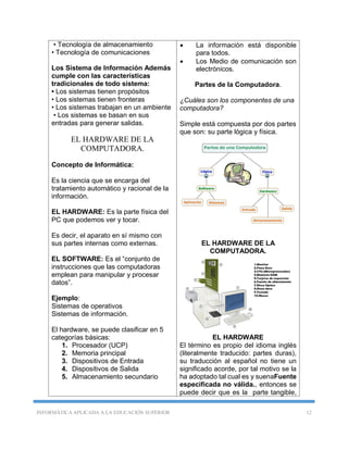 INFORMÁTICA APLICADA A LA EDUCACIÓN SUPERIOR 12
• Tecnología de almacenamiento
• Tecnología de comunicaciones
Los Sistema de Información Además
cumple con las características
tradicionales de todo sistema:
• Los sistemas tienen propósitos
• Los sistemas tienen fronteras
• Los sistemas trabajan en un ambiente
• Los sistemas se basan en sus
entradas para generar salidas.
EL HARDWARE DE LA
COMPUTADORA.
Concepto de Informática:
Es la ciencia que se encarga del
tratamiento automático y racional de la
información.
EL HARDWARE: Es la parte física del
PC que podemos ver y tocar.
Es decir, el aparato en sí mismo con
sus partes internas como externas.
EL SOFTWARE: Es el “conjunto de
instrucciones que las computadoras
emplean para manipular y procesar
datos”.
Ejemplo:
Sistemas de operativos
Sistemas de información.
El hardware, se puede clasificar en 5
categorías básicas:
1. Procesador (UCP)
2. Memoria principal
3. Dispositivos de Entrada
4. Dispositivos de Salida
5. Almacenamiento secundario
 La información está disponible
para todos.
 Los Medio de comunicación son
electrónicos.
Partes de la Computadora.
¿Cuáles son los componentes de una
computadora?
Simple está compuesta por dos partes
que son: su parte lógica y física.
EL HARDWARE DE LA
COMPUTADORA.
EL HARDWARE
El término es propio del idioma inglés
(literalmente traducido: partes duras),
su traducción al español no tiene un
significado acorde, por tal motivo se la
ha adoptado tal cual es y suenaFuente
especificada no válida., entonces se
puede decir que es la parte tangible,
 