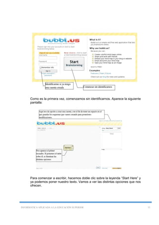 INFORMÁTICA APLICADA A LA EDUCACIÓN SUPERIOR 33
Como es la primera vez, comenzamos sin identificarnos. Aparece la siguiente
pantalla:
Para comenzar a escribir, hacemos doble clic sobre la leyenda “Start Here” y
ya podemos poner nuestro texto. Vamos a ver las distintas opciones que nos
ofrecen.
 