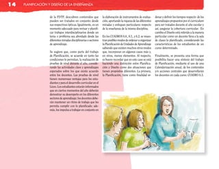 14   planificación y diseño de la enseñanza


                   de la FDTP, descubren contenidos que            la elaboración de instrumentos de evalua-      denar y definir los tiempos respecto de los
                   pueden ser tratados en conjunto desde           ción, aportando la riqueza de las diferentes   aprendizajes propuestos por el curriculum
                   sus respectivas ópticas. Igualmente, es un      miradas y enfoques particulares respecto       para ser tratados durante el año escolar y
                   momento adecuado para revisar y planifi-        de la enseñanza de la misma disciplina.        así, asegurar la cobertura curricular. En
                   car trabajos interdisciplinarios donde un                                                      cambio el Diseño está referido a la manera
                   tema o problema sea abordado desde las          En los CUADROS 6.0., 6.1., y 6.2. se mues-     particular como un docente lleva a la sala
                   diferentes miradas disciplinarias o sectores    tran posibles modos de ordenar u organizar     de clases lo planificado, considerando las
                   de aprendizaje.                                 la Planificación de Unidades de Aprendizaje    características de los estudiantes de un
                                                                   sabiendo que existen muchos otros modos        curso determinado.
                   Se sugiere que, como parte del trabajo          que, incorporan en algunos casos más y,
                   de Planificación, se acuerde en tanto las       en otros, menos elementos. Al respecto,        Finalmente, se presenta una forma que
                   condiciones lo permitan, la realización de      es bueno recordar que en este caso se está     posibilita hacer una síntesis del trabajo
                   pruebas de nivel durante el año, conside-       haciendo una distinción entre Planifica-       de Planificación, mediante el uso de una
                   rando las actividades clave y aprendizajes      ción y Diseño como dos situaciones que         Calendarización anual, de los contenidos
                   esperados sobre los que existe acuerdo          tienen propósitos diferentes. La primera,      y/o acciones centrales que desarrollarán
                   entre los docentes. Las pruebas de nivel        la Planificación, tiene como finalidad or-     los docentes en cada curso. CUADRO 6.3.
                   tienen numerosas ventajas para los estu-
                   diantes y para el desarrollo curricular en el
                   Liceo. Los estudiantes estarán informados
                   que en ciertos momentos del año deberán
                   demostrar su desempeño en los diferentes
                   sectores de aprendizaje; los docentes debe-
                   rán mantener un ritmo de trabajo que les
                   permita cumplir con lo planificado; ade-
                   más, los impulsa a trabajar en conjunto en
 