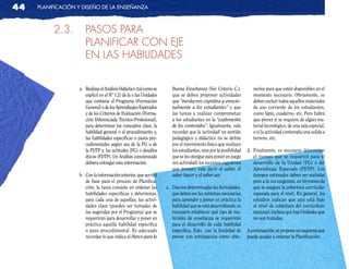 44   planificación y diseño de la enseñanza



          2.3.        PASOS PARA
                      PLANIFICAR CON EjE
                      EN LAS HABILIDADES


                   a. Realizar el Análisis Didáctico (tal como se      Buena Enseñanza (Ver Criterio C.),            nerlos para que estén disponibles en el
                      explicó en el Nº 1.2) de la o las Unidades       que se deben proponer actividades             momento necesario. Obviamente, se
                      que contiene el Programa (Formación              que “involucren cognitiva y emocio-           deben excluir todos aquellos materiales
                      General) o de los Aprendizajes Esperados         nalmente a los estudiantes” y que             de uso corriente de los estudiantes,
                      y de los Criterios de Evaluación (Forma-         las tareas a realizar comprometan             como lápiz, cuaderno, etc. Pero habrá
                      ción Diferenciada Técnico-Profesional),          a los estudiantes en la “exploración          que prever si se requiere de algún ma-
                      para determinar los conceptos clave, la          de los contenidos”. Igualmente, vale          terial tecnológico, de una sala especial,
                      habilidad general o el procedimiento y,          recordar que la ‘actividad’ en sentido        o si la actividad contempla una salida a
                      las habilidades específicas o pasos pro-         pedagógico y didáctico no se define           terreno, etc.
                      cedimentales según sea de la FG o de             por el movimiento físico que realizan
                      la FDTP y, las actitudes (FG) o desafíos         los estudiantes, sino por la posibilidad   d. Finalmente, es necesario determinar
                      éticos (FDTP). Un Análisis concienzudo           que se les otorgue para poner en juego        el tiempo que se requerirá para el
                      debiera entregar esta información.               (en actividad) los recursos cognitivos        desarrollo de la Unidad (FG) o del
                                                                       que poseen; vale decir el saber, el           Aprendizaje Esperado (FDTP). Los
                   b. Con la información anterior, que servirá         saber hacer y el saber ser.                   tiempos estimados deben ser realistas
                      de base para el proceso de Planifica-                                                          pero a la vez exigentes, en términos de
                      ción, la tarea consiste en ordenar las        c. Una vez determinadas las Actividades,         que se asegure la cobertura curricular
                      habilidades específicas y determinar,            que deben ser las mínimas necesarias          esperada para el nivel. En general, los
                      para cada una de aquellas, las activi-           para aprender y poner en práctica la          estudios indican que aún está bajo
                      dades clave (pueden ser tomadas de               habilidad que se está desarrollando, es       el nivel de cobertura del curriculum
                      las sugeridas por el Programa) que se            necesario establecer qué tipo de ma-          nacional; incluso que hay Unidades que
                      requerirán para desarrollar y poner en           teriales de enseñanza se requerirán           no son tratadas.
                      práctica aquella habilidad específica            para el desarrollo de cada habilidad
                      o paso procedimental. Es adecuado                específica. Esto, con la finalidad de      A continuación, se propone un esquema que
                      recordar lo que indica el Marco para la          prever con anticipación cómo obte-         puede ayudar a ordenar la Planificación:
 