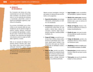 54   planificación y diseño de la enseñanza


     b. MoMento
        de desarrollo

     Es el momento más intenso de la clase,          Algunos recursos (estrategias y técnicas)      •	 Juego	de	tarjetas, ayuda a una planifica-
     caracterizado por una fuerte interacción        que ayudan a la interacción para este Mo-         ción participativa y a generar consensos;
     entre el profesor y los alumnos, de éstos       mento, son las siguientes:
     entre sí y con los materiales de enseñanza                                                     •	 Método	de	los	cuatro	pasos (preparar,
     y, encaminado a desarrollar y poner en          •	 Exposición	del	profesor, para entregar         demostrar, aplicar, ejercitar), permite
     práctica las habilidades cognitivas y espe-        información, contextualizar y/o moti-          dominar paso a paso un proceso de
     cíficas de la disciplina.                          var a los estudiantes;                         trabajo productivo;

     Las acciones (actividades) que se desa-         •	 Presentaciones (papelógrafos, pizarra,      •	 Método	 de	 Proyectos, favorece el de-
     rrollen en este momento deben dar opor-            transparencias, power point, etc.) que         sarrollo de competencias en tareas y/o
     tunidad para que los alumnos pongan en             ayudan a retener ideas, ordenar los            trabajos interdisciplinarios;
     práctica, ensayen, elaboren, construyan            conceptos, clarificar algún aspecto
     y/o se apropien del aprendizaje y conteni-         puntual o específico, visualizar posibles   •	 Estudio	de	casos, sirve para la resolu-
     dos de la clase. A través de estas acciones        resultados, etc.;                              ción de problemas usando conocimien-
     se deberán crear situaciones que desafíen                                                         tos adquiridos;
     a los alumnos a poner en juego sus habili-      •	 Grupos	de	Trabajo, es uno de los recur-
     dades cognitivas y sociales.                       sos que más se utiliza, porque ayuda a      •	 Trabajo	de	laboratorio, permite a los
                                                        promover el aprendizaje activo y autó-         estudiantes observar y tomar contacto
     Debe ser un momento de trabajo de los              nomo; dando espacio también a una              con fenómenos reales;
     alumnos donde el docente, guía, super-             interacción entre pares que fomenta
     visa, ordena, aclara, asesora o acompaña,          el desarrollo de habilidades sociales y     •	 Simulaciones, permiten ver modelos a esca-
     utilizando materiales y guías claras y             actitudinales;                                 la de un problema semejante a la realidad;
     autosuficientes; la o las tarea(s) a realizar
     deben ser precisas. La evaluación formativa     •	 Lluvia	 de	 ideas, permite una partici-     •	 Demostraciones, permiten mostrar se-
     es central en este momento para ayudar en          pación amplia de los estudiantes dando         cuencias o flujos de una tarea o acción
     los aprendizajes.                                  cuenta de los diversos puntos de vista         compleja;
                                                        frente a un mismo hecho o fenómeno;
                                                        también ayuda a entregar soluciones         •	 Textos	guías, para que los estudiantes
                                                        creativas a un problema planteado;             trabajen en forma autónoma.
 