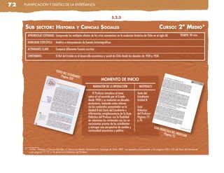 72   planificación y diseño de la enseñanza


                                                                                             5.2.3


     sub         seCtor:            Historia             y    CienCias soCiaLes                                                               Curso: 2º Medio*
         APRENDIZAJE ESPERADO: Comprende los múltiples efectos de las crisis económicas en la evolución histórica de Chile en el siglo XX.                        TIEMPO: 90 min.

         HABILIDAD ESPECÍFICA:      Análisis e interpretación de fuentes historiográficas.

         ACTIVIDADES CLAVE:         Compara diferentes fuentes escritas. .

         CONTENIDOS:                El Rol del Estado en el desarrollo económico y social de Chile desde las décadas de 1920 y 1930.



                                    TEXTO
                                          DEL E
                                         Págin STUDIANTE
                                              a 220
                                                                                  MOMENTO DE INICIO
                                                                          NARRACIÓN DE LA INTERACCIÓN                   MATERIALES

                                                                         El Profesor introduce el tema                 Texto del
                                                                     sobre el rol asumido por el Estado                Estudiante:
                                                                     desde 1920 y su evolución en décadas              Unidad 8.
                                                                     posteriores, teniendo como referen-
                                                                     cia los contenidos presentados en la              Guía
                                                                     Unidad 8 del Texto del Estudiante e               Didáctica
                                                                     información complementaria de la Guía             del Profesor:
                                                                     Didáctica del Profesor con la finalidad           Páginas 73
                                                                     de relacionar los contenidos con los co-          y 74.
                                                                     nocimientos previos de los estudiantes
                                                                     y entregar una perspectiva de cambio y                            GUÍA
                                                                                                                                              DIDÁC
                                                                     continuidad económica y política.                                             TICA D
                                                                                                                                                 Págin EL PROFES
                                                                                                                                                       a 73      OR



     *    VV.aa.: Historia y ciencias sociales, 2° educación Media, Marenostrum, santiago de chile, 2007. los ejemplos corresponden a las páginas 220 y 221 del Texto del estudiante
          y las páginas 77, 73 y 74 de la Guía didáctica del profesor.
 