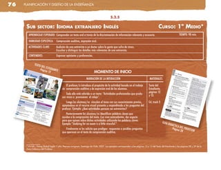 76   planificación y diseño de la enseñanza


                                                                                           5.2.5


      sub        seCtor: idioMa extranjero ingLés                                                                                            Curso: 1º Medio*
        APRENDIZAJE ESPERADO: Comprender un texto oral a través de la discriminación de información relevante y accesoria.                                        TIEMPO: 90 min.

        HABILIDAD ESPECÍFICA:       Comprensión auditiva, expresión oral.
        ACTIVIDADES CLAVE:          Audición de una entrevista a un doctor sobre la gente que sufre de stress.
                                    Escuchar y distinguir los detalles más relevantes de una entrevista.
        CONTENIDOS:                 Expresar opiniones y preferencias.

              TEXTO
                    DEL ES
                   Págin TUDIANTE
                        a 12                                               MOMENTO DE INICIO
                                                                   NARRACIÓN DE LA INTERACCIÓN                                      MATERIALES

                                             El profesor/a introduce el propósito de la actividad basado en el trabajo             Texto del
                                          de comprensión auditiva y de expresión oral de los alumnos.                              Estudiante,
                                                                                                                                   páginas 12
                                              Todo ello está referido a un texto: “Actividades profesionales que produ-
                                                                                                                                   y 13.
                                          cen stress o promueven el relajo”.
                                             Luego los alumnos/as vinculan el tema con sus conocimientos previos,                  Cd, track 2.
                                          apoyándose en el recurso visual presente y respondiendo a las preguntas del
                                          profesor. Ejemplo: ¿Qué actividades parecen ser estresantes?
                                             Posteriormente los alumnos/as identifican palabras claves que
                                          ayuden a la comprensión del texto. Con esos antecedentes, dar espacio
                                          para que opinen sobre dichas actividades utilizando las palabras claves.
                                          Ejemplo:”Studying for an exam is a little stressful.”                                                   GUÍA
                                                                                                                                                         DIDÁC
                                                                                                                                                              TICA D
                                             Finalmente se les solicita que predigan respuestas a posibles preguntas                                        Págin EL PROFES
                                                                                                                                                                  a 28      OR
                                          que aparecen en el texto de comprensión auditiva.



      * VV.aa.: Going Global inglés 1 año, pearson-longman, santiago de chile, 2007. los ejemplos corresponden a las páginas 12 y 13 del Texto del estudiante y las páginas 28 y 29 de la
      Guía didáctica del profesor.
 