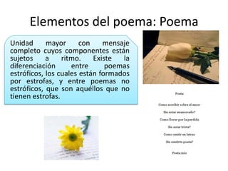 Elementos del poema: PoemaUnidad mayor con mensaje completo cuyos componentes están sujetos a ritmo. Existe la diferenciación entre poemas estróficos, los cuales están formados por estrofas, y entre poemas no estróficos, que son aquéllos que no tienen estrofas.