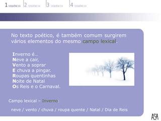 No texto poético, é também comum surgirem
 vários elementos do mesmo campo lexical.

 Inverno é…
 Neve a cair,
 Vento a soprar
 E chuva a pingar.
 Roupas quentinhas
 Noite de Natal
 Os Reis e o Carnaval.


Campo lexical – Inverno:

 neve / vento / chuva / roupa quente / Natal / Dia de Reis
 