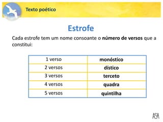 Texto poético
Estrofe
Cada estrofe tem um nome consoante o número de versos que a
constitui:
1 verso
2 versos
3 versos
4 versos
5 versos
monóstico
dístico
terceto
quadra
quintilha
 