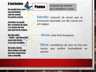 A borboleta
De manhã bem cedo
uma borboleta
saiu do casulo.
Era parda e preta.
Foi beber ao açude.
Viu -se dentro de água.
E se achou tão feia
que morreu de mágoa.
Ela não sabia
– boba! – que Deus deu
para cada bicho
a cor que escolheu.
Um anjo a levou,
Deus ralhou com ela,
mas deu roupa nova
azul e amarela.
Odylo Costa, Filho, in op. cit., p. 16
Estrofe: conjunto de versos que se
encontram separados uns dos outros por
um espaço.
Verso: cada linha do poema.
Rima: semelhança de sons no final dos
versos, que confere musicalidade ao
poema.
conjunto de estrofes
que compõem o texto.
Poema
 