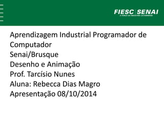Aprendizagem Industrial Programador de 
Computador 
Senai/Brusque 
Desenho e Animação 
Prof. Tarcísio Nunes 
Aluna: Rebecca Dias Magro 
Apresentação 08/10/2014 
 