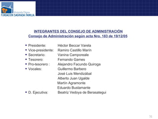 INTEGRANTES DEL CONSEJO DE ADMINISTRACIÓN   Consejo de Administración según acta Nro. 183 de 19/12/05   Presidente: Héctor Beccar Varela Vice-presidente: Ramiro Castillo Marín  Secretario: Vanina Camporeale Tesorero: Fernando Games Pro-tesorero :  Alejandro Facundo Quiroga  Vocales:  Guillermo Barbero José Luis Mendizábal  Alberto Juan Ugalde Martín Agramonte Eduardo Bustamante D. Ejecutiva:  Beatriz Vedoya de Berasategui 