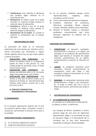  Interferencia: Esta referido al obstáculo     3)    Es un proceso simbólico porque utiliza
       que produce algún material en el                    representaciones,       imágenes,       ideas,
       recuerdo de otro.                                   conceptos, juicios y otros.
      Retroactiva: Se refiere a que no se pude      4)    Tiene como medio de expresión el lenguaje
       recordar un material antiguo porque el
                                                     5)    Establece     relaciones    de    semejanza,
       material nuevo lo obstaculiza.
                                                           diferencia, casualidad, efecto, espacio,
      Proactiva:Se refiere a que no se pude
       recordar un material nuevo porque el                tiempo, cantidad, calidad y otras relaciones.
       material antiguo lo obstaculiza.              6)    Permite al hombre evaluar y solucionar
      Decaimiento de la huella: Es cuando el              problemas      conjuntamente     que     otros
       material va olvidandose por el tiempo               procesos cognitivos en especial con la
       que pasa.                                           inteligencia.

             ASOCIACIONES DE IDEAS
                                                     FUNCIONES DEL PENSAMIENTO
La asociación de ideas es la evocación
espontánea de unos hechos por relación a otros,      1.     CONCEPTUAR.- Es descubrir cualidades,
fueron formulados por Aristóteles y siguen                  características o esencias a un objeto. Un
siendo vigentes hasta hoy, las que están sujetos            concepto es un producto del pensamiento
                                                            lógico que expresa el conjunto de rasgos
a ciertos principios:
                                                            comunes característicos de un objeto,
a.     ASOCIACION POR SEMEJANZA.- Los
                                                            acontecimiento o situación. Ej. Describir un
       hechos se parecen entre sí, la semejanza             árbol
       puede ser total o solo parcial. Ej.: una
       cuidad puede ser parecida a otra, si visito
                                                     2.     JUZGAR.- es establecer relaciones entre
       una me evoca a otra.
                                                            conceptos. Permite necesariamente la
b.     ASOCIACION POR CONTRASTE.- Los
                                                            comparación entre dos ideas o dos
       hechos son distintos entre sí. Ej. Un hecho
                                                            conceptos y elegir el conveniente. Ej.: el sol
       alegre me puede evocar una tristeza.
                                                            es fuente de energía.
c.     ASOCIACION POR CONTINUIDAD.- Dos
       hechos o más que se dieron juntos en el
       espacio o el tiempo. Ej.: dos hermanos que    3.     RAZONAR.- Es comprender relaciones entre
       siempre están juntos, cuando veo a uno               planteamientos y llegar a una conclusión.
       me evoca al otro                                     Ej.: Si Jorge es mayor que Luis y Luis es
                                                            Mayor que Susana, concluimos que Jorge es
       EL PROCESO COGNOSCITIVO                              mayor
          PENSAMIENTO E INTELIGENCIA
                                                     4.     LOS PROCESOS DEL PENSAMIENTO
EL PENSAMIENTO
                                                     1.    LA ELABORACION DE CONCEPTOS
                                                          Un concepto es la elaboración intelectual de
                                                          un objeto, es decir, su definición.
Es un proceso cognoscitivo superior por el cual
una persona genera ideas, conceptos, juicios y
raciocinios; permitiendo la relación entre ellos y         Los trabajos de Bruner, Goodman y Austin,
la realidad.                                               quienes luego de una serie de ingeniosos
                                                           experimentos llegan a la conclusión de que
CARACTERISTICASDEL PENSAMIENTO:                            las personas llegan a la formulación de un
                                                           concepto por lo que ellos denominan
1)   Es un proceso cognoscitivo superior                   escudriñar y enfoque o direccionalidad.
2)   Surge del conocimiento sensorial
 
