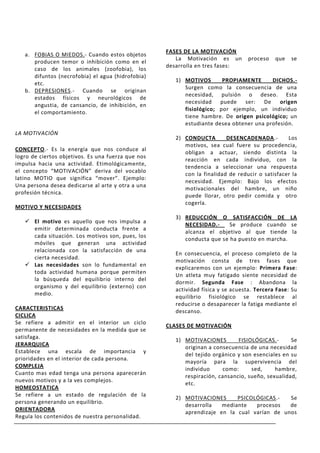 FASES DE LA MOTIVACIÓN
   a. FOBIAS O MIEDOS.- Cuando estos objetos
                                                       La Motivación es un         proceso   que   se
      producen temor o inhibición como en el
                                                    desarrolla en tres fases:
      caso de los animales (zoofobia), los
      difuntos (necrofobia) el agua (hidrofobia)
                                                       1) MOTIVOS       PROPIAMENTE      DICHOS.-
      etc.
                                                          Surgen como la consecuencia de una
   b. DEPRESIONES.- Cuando se originan
                                                          necesidad, pulsión o deseo. Esta
      estados físicos y neurológicos de
                                                          necesidad puede ser: De           origen
      angustia, de cansancio, de inhibición, en
                                                          fisiológico; por ejemplo, un individuo
      el comportamiento.
                                                          tiene hambre. De origen psicológico; un
                                                          estudiante desea obtener una profesión.
LA MOTIVACIÓN
                                                       2) CONDUCTA        DESENCADENADA.-        Los
                                                          motivos, sea cual fuere su procedencia,
CONCEPTO.- Es la energía que nos conduce al
                                                          obligan a actuar, siendo distinta la
logro de ciertos objetivos. Es una fuerza que nos
                                                          reacción en cada individuo, con la
impulsa hacia una actividad. Etimológicamente,
                                                          tendencia a seleccionar una respuesta
el concepto “MOTIVACIÓN” deriva del vocablo
                                                          con la finalidad de reducir o satisfacer la
latino MOTIO que significa “mover”. Ejemplo:
                                                          necesidad. Ejemplo: Bajo los efectos
Una persona desea dedicarse al arte y otra a una
                                                          motivacionales del hambre, un niño
profesión técnica.
                                                          puede llorar, otro pedir comida y otro
                                                          cogerla.
MOTIVO Y NECESIDADES
                                                       3) REDUCCIÓN O SATISFACCIÓN DE LA
    El motivo es aquello que nos impulsa a
                                                          NECESIDAD.-     Se produce cuando se
     emitir determinada conducta frente a
                                                          alcanza el objetivo al que tiende la
     cada situación. Los motivos son, pues, los
                                                          conducta que se ha puesto en marcha.
     móviles que generan una actividad
     relacionada con la satisfacción de una
                                                       En consecuencia, el proceso completo de la
     cierta necesidad.
                                                       motivación consta de tres fases que
    Las necesidades son lo fundamental en
                                                       explicaremos con un ejemplo: Primera Fase:
     toda actividad humana porque permiten
                                                       Un atleta muy fatigado siente necesidad de
     la búsqueda del equilibrio interno del
                                                       dormir. Segunda Fase : Abandona la
     organismo y del equilibrio (externo) con
                                                       actividad física y se acuesta. Tercera Fase: Su
     medio.
                                                       equilibrio fisiológico se restablece al
                                                       reducirse o desaparecer la fatiga mediante el
CARACTERISTICAS
                                                       descanso.
CICLICA
Se refiere a admitir en el interior un ciclo
                                                    CLASES DE MOTIVACIÓN
permanente de necesidades en la medida que se
satisfaga.
                                                       1) MOTIVACIONES        FISIOLÓGICAS.-      Se
JERARQUICA
                                                          originan a consecuencia de una necesidad
Establece una escala de importancia y
                                                          del tejido orgánico y son esenciales en su
prioridades en el interior de cada persona.
                                                          mayoría para la supervivencia del
COMPLEJA
                                                          individuo     como:      sed,     hambre,
Cuanto mas edad tenga una persona aparecerán
                                                          respiración, cansancio, sueño, sexualidad,
nuevos motivos y a la ves complejos.
                                                          etc.
HOMEOSTATICA
Se refiere a un estado de regulación de la
                                                       2) MOTIVACIONES      PSICOLÓGICAS.-   Se
persona generando un equilibrio.
                                                          desarrolla   mediante   procesos   de
ORIENTADORA
                                                          aprendizaje en la cual varían de unos
Regula los contenidos de nuestra personalidad.
 
