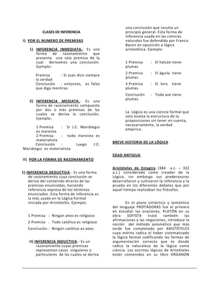 una conclusión que resulta un
           CLASES DE INFERENCIA                        principio general. Esta forma de
                                                       inferencia usada en las ciencias
I) POR EL NUMERO DE PREMISAS                           naturales fue defendida por Francis
                                                       Bacon en oposición a lógica
    1) INFERENCIA INMEDIATA.- Es una                   aristotélica. Ejemplo:
       forma    de razonamiento   que
       presenta una sola premisa de la
       cual derivamos una conclusión.                  1 Premisa      : El halcón tiene
       Ejemplo:                                        plumas
                                                       2 Premisa      : El águila tiene
       Premisa      : Si Juan dice siempre
                                                       plumas
       la verdad
       Conclusión   : entonces, es falso               3 Premisa      : El loro   tiene
       que diga mentiras                               plumas
                                                       Conclusión     : Toda ave tiene
                                                       plumas
    2) INFERENCIA MEDIATA.- Es una
       forma de razonamiento compuesto
       por dos o más premisas de las
                                                       La Lógica es una ciencia formal que
       cuales se deriva la conclusión.
                                                       solo evalúa la estructura de la
       Ejemplo:
                                                       proposiciones sin tener en cuenta,
                                                       necesariamente, la verdad
       1 Premisa    : Si J.C. Mariátegui
                                                       empírica.
       es marxista
       2 Premisa    : todo marxista es
       materialista
                                                BREVE HISTORIA DE LA LÓGICA
      Conclusión    :       Luego    J:C:
Mariátegui es materialista
                                                EDAD ANTIGUA
II) POR LA FORMA DE RAZONAMIENTO

                                                Aristóteles de Estagira (384 a.c. – 322
1) INFERENCIA DEDUCTIVA.- Es una forma          a.c.) considerado como creador de la
    de razonamiento cuya conclusión se          Lógica, sin embargo sus predecesores
    deriva del contenido directo de las         desarrollaron y cultivaron la inferencia y la
    premisas enunciadas, haciendo               prueba en los diferentes debates que por
    referencia expresa de los términos          aquel tiempo realizaban los filósofos.
    enunciados. Esta forma de inferencia es
    la más usada en la Lógica Formal
    iniciada por Aristóteles. Ejemplo:                  En el plano sintáctico y semántico
                                                del lenguaje PROTÁGORAS fue el primero
                                                en estudiar las oraciones, PLATÓN en su
   1 Premisa : Ningún ateo es religioso         obra     SOFISTA     trató    también    las
                                                afirmaciones y las negaciones, introduce la
   2 Premisa : Todo católico es religioso
                                                noción del método axiomático que más
   Conclusión : Ningún católico es ateo.        tarde fue completado por ARISTÓTELES
                                                cuyo mérito radica el haber sistematizado
                                                la lógica formal codificando las formas de
    II) INFERENCIA INDUCTIVA.- Es un            argumentación correcta que es donde
         razonamiento cuyas premisas            radica la naturaleza de la lógica como
         representan casos singulares o         ciencia. Los escritos lógicos de Aristóteles
         particulares de las cuales se deriva   están contenidos en su libro ORGANON
 
