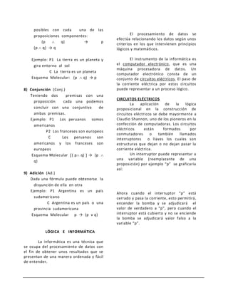 posibles con cada    una de las
     proposiciones componentes:                     El procesamiento de datos se
                                            efectúa relacionando los datos según unos
         (p        q)        →     p
                                            criterios en los que intervienen principios
     (p q) → q                              lógicos y matemáticos.

    Ejemplo: P1 La tierra es un planeta y          El instrumento de la informática es
     gira entorno al sol                    el computador electrónico, que es una
                                            máquina procesadora de datos. Un
              C La tierra es un planeta
                                            computador electrónico consta de un
    Esquema Molecular: (p       q) → p      conjunto de circuitos eléctricos. El paso de
                                            la corriente eléctrica por estos circuitos
8) Conjunción (Conj.)                       puede representar a un proceso lógico.
   Teniendo dos       premisas con una
                                            CIRCUITOS ELÉCTRICOS
     proposición    cada una podemos
                                                    La   aplicación    de   la    lógica
     concluir con una conjuntiva      de    proposicional en la construcción de
     ambas premisas.                        circuitos eléctricos se debe mayormente a
   Ejemplo: P1 Los peruanos somos           Claudio Shannon, uno de los pioneros en la
     americanos                             confección de computadoras. Los circuitos
                                            eléctricos      están     formados      por
           P2 Los franceses son europeos
                                            conmutadores       o    también    llamados
             C     Los peruanos son         interruptores     o llaves los cuales son
     americanos y los franceses son         estructuras que dejan o no dejan pasar la
     europeos                               corriente eléctrica.
    Esquema Molecular ( p q) → (p                   Un interruptor puede representar a
                                            una variable (reemplazante de una
     q)
                                            proposición) por ejemplo “p” se graficaría
                                            así:
9) Adición (Ad.)
   Dada una fórmula puede obtenerse la
     disyunción de ella en otra
   Ejemplo: P1 Argentina es un país
                                            Ahora cuando el interruptor “p” está
     sudamericano                           cerrado y pasa la corriente, esto permitirá,
            C Argentina es un país o una    encender la bomba y se adjudicará el
     provincia sudamericana                 valor de verdadero a “p”, pero cuando el
    Esquema Molecular p → (p v q)           interruptor está cubierto y no se enciende
                                            la bomba se adjudicará valor falso a la
                                            variable “p”.

           LÓGICA E INFORMÁTICA

        La informática es una técnica que
se ocupa del procesamiento de datos con
el fin de obtener unos resultados que se
presentan de una manera ordenada y fácil
de entender.
 
