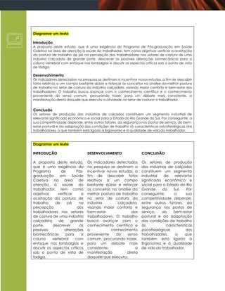 Diagramar um texto

Introdução
A proposta deste estudo, que é uma exigência do Programa de Pós-graduação em Saúde
Coletiva na área de atenção à saúde do trabalhador, tem como objetivos verificar a aceitação
da postura de trabalho de pé na percepção dos trabalhadores nos setores de costura de uma
indústria calçadista de grande porte, descrever as possíveis alterações biomecânicas para a
coluna vertebral com enfoque nas lombalgias e discutir os aspectos críticos sob o ponto de vista
de fadiga.

Desenvolvimento
Os indicadores detectados na pesquisa se destinam a incentivar novos estudos, a fim de descobrir
fatos relativos a um campo bastante dúbio e reforçar os conceitos na análise da melhor postura
de trabalho no setor de costura da indústria calçadista, visando maior conforto e bem-estar dos
trabalhadores. O trabalho busca avançar com o conhecimento científico e o conhecimento
proveniente do senso comum, procurando trazer, para um debate mais consistente, a
manifestação direta daquele que executa a atividade no setor de costura: o trabalhador.


Conclusão
Os setores de produção das indústrias de calçados constituem um segmento industrial de
relevante significado econômico e social para o Estado do Rio Grande do Sul. Por conseguinte, a
sua competitividade depende, entre outros fatores, da segurança nos postos de serviço, do bem-
estar postural e da adaptação das condições de trabalho às características psicofisiológicas dos
trabalhadores, o que também está ligado à Ergonomia e à qualidade de vida do trabalhador.



Diagramar um texto

INTRODUÇÃO                       DESENVOLVIMENTO                 CONCLUSÃO

A proposta deste estudo,         Os indicadores detectados       Os setores de produção
que é uma exigência do           na pesquisa se destinam a       das indústrias de calçados
Programa         de       Pós-   incentivar novos estudos, a     constituem um segmento
graduação       em      Saúde    fim de descobrir fatos          industrial    de    relevante
Coletiva     na    área     de   relativos a um campo            significado econômico e
atenção à saúde do               bastante dúbio e reforçar       social para o Estado do Rio
trabalhador, tem como            os conceitos na análise da      Grande       do    Sul.    Por
objetivos      verificar     a   melhor postura de trabalho      conseguinte,       a       sua
aceitação da postura de          no setor de costura da          competitividade depende,
trabalho      de     pé     na   indústria       calçadista,     entre outros fatores, da
percepção                  dos   visando maior conforto e        segurança nos postos de
trabalhadores nos setores        bem-estar               dos     serviço,     do    bem-estar
de costura de uma indústria      trabalhadores. O trabalho       postural e da adaptação
calçadista      de     grande    busca avançar com o             das condições de trabalho
porte,      descrever       as   conhecimento científico e       às             características
possíveis          alterações    o            conhecimento       psicofisiológicas          dos
biomecânicas        para     a   proveniente    do     senso     trabalhadores,      o     que
coluna      vertebral     com    comum, procurando trazer,       também está ligado à
enfoque nas lombalgias e         para um debate mais             Ergonomia e à qualidade
discutir os aspectos críticos    consistente,              a     de vida do trabalhador.
sob o ponto de vista de          manifestação         direta
fadiga.                          daquele que executa.
 