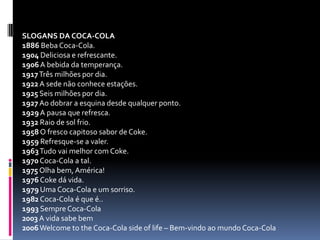 SLOGANS DA COCA-COLA
1886 Beba Coca-Cola.
1904 Deliciosa e refrescante.
1906 A bebida da temperança.
1917 Três milhões por dia.
1922 A sede não conhece estações.
1925 Seis milhões por dia.
1927 Ao dobrar a esquina desde qualquer ponto.
1929 A pausa que refresca.
1932 Raio de sol frio.
1958 O fresco capitoso sabor de Coke.
1959 Refresque-se a valer.
1963 Tudo vai melhor com Coke.
1970 Coca-Cola a tal.
1975 Olha bem, América!
1976 Coke dá vida.
1979 Uma Coca-Cola e um sorriso.
1982 Coca-Cola é que é..
1993 Sempre Coca-Cola
2003 A vida sabe bem
2006 Welcome to the Coca-Cola side of life – Bem-vindo ao mundo Coca-Cola

 