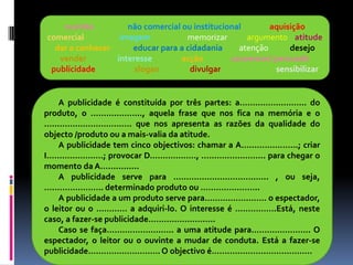 ouvinte
não comercial ou institucional
aquisição
comercial
imagem
memorizar
argumento atitude
dar a conhecer
educar para a cidadania
atenção
desejo
vender
interesse
acção
convencer/ persuadir
publicidade
slogan
divulgar
sensibilizar

A publicidade é constituída por três partes: a…………………….. do
produto, o ……………….., aquela frase que nos fica na memória e o
……………………………. que nos apresenta as razões da qualidade do
objecto /produto ou a mais-valia da atitude.
A publicidade tem cinco objectivos: chamar a A………………….; criar
I………………….; provocar D………………, ……………………. para chegar o
momento da A…............
A publicidade serve para …………………………..….. , ou seja,
………………….. determinado produto ou …………………..
A publicidade a um produto serve para…………………… o espectador,
o leitor ou o ………… a adquiri-lo. O interesse é …………….Está, neste
caso, a fazer-se publicidade……………………..
Caso se faça…………………….. a uma atitude para………………….. O
espectador, o leitor ou o ouvinte a mudar de conduta. Está a fazer-se
publicidade………………………. O objectivo é…………………………………

 