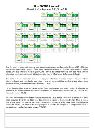 02 — PECADO (quadro 2)
                          Gênesis1 a 3 / Romanos 3.23/ Atos5.29




Deus fez todas as coisas e viu que era bom, as primeiras pessoas que Deus criou, foram ADÃO e EVA, que
viviam num lindo jardim chamado Édem. Deus lhespermitiu comer do fruto de toda árvore do jardim,
menos, uma que estava no meio do jardim, era a árvore do conhecimento do bem edo mal e também
avisou que quem comesse, morreria (explique) (este morrer é ficar longe da Presença de Deus).

Deus tinha dado umaordem para eles obedecerem,mas satanás em forma de serpenteentrou no jardim e
falou com Eva dizendo que ela não morreria ao comer do fruto proibido e que ficaria igual a Deus, cheia
de conhecimento, infelizmente ela não obedeceu a Deus.

Por ter dado ouvido a serpente, Eva comeu do fruto, e depois deu para Adão e osdois desobedeceram
aordem de DEUS.Criou-se então um abismo entre Deus e o homem e/ou humanidade (faça uma barreira
e escreva a palavra DEUS).

Por causa da desobediênciaeles tentaram se esconder de Deus, masEle sabe todas as coisas.Adão e Eva
foram expulsos do jardim do Édem por desobedecer à ordem de Deus. Eles tiveram filhos e toda a
geração até os dias de hojeque somos nós, herdamos o pecado de Adão e Eva é por essemotivo que
somos PECADORES. Deus tem outro livro (complete o desenho do livro) onde são registrados todas as
nossasatitudes erradas. (escreva a palavra PECADO)
 