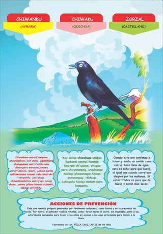 CHIWANKU CHIWAKU ZORZAL
ACCIONES DE PREVENCIÓN
Chiwankuna warurt'awipawa
phaynanakana isch'ukiña, jupanakasti
qhanapuniwa wali k'uchiki uma
chhurupata warantatjamawa
warurt'apxixa, ukasti, jalluxa puriña
qalltawxaniwa sasawa saña muni uka
yatiychitu, jani ukaxa
chiwankunakatixa wali q'uya aynaqi
ukaxa, janiwa jallusa kunasa utjkaniti,
sasawa yatiychitu.
Kay sallqa unupaschiwakuqa
kunkanpi siminpi kanman
hinatam ch'aqwan, chayqa
para chayananpaq, urqukunapi
kusisqa phawanaqan hinaqa
parananpaq. Hichaqa
llakisqalla hinaqa manam para
kanqachu.
Cuando esta ave comienza a
trinar y emite un sonido como
con la boca llena de agua,
esto es señal para que llueva,
al igual que cuando corretean
alegres por las mañanas. Si
están tristes es para que no
llueva y serán días secos.
Esta ave anuncia peligros generados por fenómenos naturales, como lluvias y no la presencia de
lluvias. Por tanto, el poblador realiza rituales, como: llevar ranas al cerro. Se organizan junto a las
autoridades comunales para llevar a los niños en ayunas a los apus principales para llamar a la
lluvia.
Testimonio del Sr. FELIX CRUZ ORTIZ de 69 años
(AYMARA) (QUECHUA) (CASTELLANO)
 