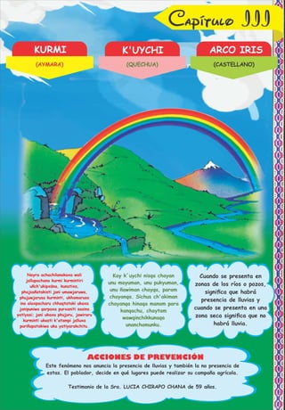 Capítulo III
KURMI K'UYCHI ARCO IRIS
ACCIONES DE PREVENCIÓN
Nayra achachilanakaxa wali
jallupachana kurmi kurmintiri
uñch'ukipxäna, kunatixa,
phajsañatakisti jani umawjaruwa,
phujuwjarusa kurminti, ukhamarusa
ina alaxpacharu chhaqtataki ukaxa
janipuniwa qarpaxa purxaniti sasina
yatiyasi; jani ukaxa phujuru, jawiraru
kurminti ukasti k'atampi jalluxa
puriñapatakiwa uka yatiyarakchitu.
Kay k´uychi nisqa chayan
unu mayuman, unu pukyuman,
unu ñawiman chayqa, param
chayanqa. Sichus ch'akiman
chayanqa hinaqa manam para
kanqachu, chaytam
wawqinchikkunaqa
unanchamunku.
Cuando se presenta en
zonas de los ríos o pozos,
signiﬁca que habrá
presencia de lluvias y
cuando se presenta en una
zona seca signiﬁca que no
habrá lluvia.
Testimonio de la Sra. LUCIA CHIRAPO CHANA de 59 años.
Este fenómeno nos anuncia la presencia de lluvias y también la no presencia de
estas. El poblador, decide en qué lugares puede realizar su campaña agrícola.
(AYMARA) (QUECHUA) (CASTELLANO)
 