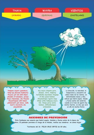 THAYA WAYRA VIENTOS
ACCIONES DE PREVENCIÓN
Pampana utjasiri jaqinakaxa,
llump'aqa phaxswa kawksatsa
thayaxa juti uka uñch'ukipxi,
qhawqha ch'amampisa, purapa
thaya atipasiwipa, uka thayana
thayanitapawa uñch'ukipxi,
jallumaraniti jani ukaxa, waña
mach'a maranicha uka
amuyuñataki.
Kay wayra chiqanta purin,
phawan, chirin, hukpitaq
tarinakunku wayrakuna chaypiqa
ch'akiy qasan kanman.
Chaymantapas Agosto nisqa
killapi achka kallpayuq wayra
kan, hinaqa paray watas
kanman, mikhunakunapas
urinmanmim.
La dirección, la velocidad, la
temperatura y encuentro de
ambos lados de los vientos, en
determinados meses y días,
indican que habrá sequía, helada
y lluvias (antes del sembrío),
cuando en el mes de agosto hay
vientos fuertes, se dice que será
un año de muchas lluvias.
Testimonio del Sr. FELIX CRUZ ORTIZ de 69 años.
Este fenómeno nos anuncia que habrá sequía, heladas y lluvias antes de la época de
siembra. El poblador previene el riesgo de la helada, realiza sus siembras en zonas bajas.
(AYMARA) (QUECHUA) (CASTELLANO)
 