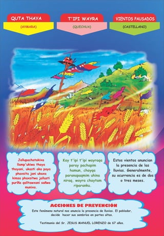 QUTA THAYA T'IPI WAYRA VIENTOS PAUSADOS
ACCIONES DE PREVENCIÓN
Jallupachatakixa
llamp'ukiwa thaya
thayani, ukasti aka paya
phaxsita jani ukaxa
kimsa phaxsitwa jallusti
puríña qalltawxani sañwa
munixa.
Kay t'ipi t'ipi wayraqa
paray pachapim
hamun, chayqa
paranapaqmim uhina
niraq, wayra chaytam
riparanku.
Estos vientos anuncian
la presencia de las
lluvias. Generalmente,
su ocurrencia es de dos
o tres meses.
Este fenómeno natural nos anuncia la presencia de lluvias. El poblador,
decide hacer sus sembríos en partes altas.
Testimonio del Sr. JESUS MANUEL LORENZO de 67 años.
(AYMARA) (QUECHUA) (CASTELLANO)
 