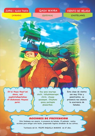 JUYPHI / ALAXA THAYA QASA WAYRA VIENTO DE HELADA
ACCIONES DE PREVENCIÓN
Ch'isi thaya thayt'ani
ukaxa, wali
juyphintañapatakiwa
ch'akakamawa thayasa
purisi.
Kay qasa wayraqa
sinchi, tulluykimanraqmi
chirin, chayqa
qasanqam. Chaykuna
qasay pachapim
qhawarikun.
Esta clase de vientos
son muy fríos y
penetrantes, su
presencia nos anuncia
la ocurrencia de
heladas.
Testimonio del Sr. FELIPE INQUILLA MAMANI de 67 años.
Este fenómeno nos anuncia, la presencia de heladas. El poblador, realiza
acciones para mitigar este hecho, preparando fogatas alrededor de sus cultivos.
(AYMARA) (QUECHUA) (CASTELLANO)
 