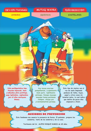 ISK'A KIPU THAYANAKA MUTUQ WAYRA PEQUEÑOS REMOLINOS DE VIENTO
ACCIONES DE PREVENCIÓN
Jallu puriñapatakixa kipu
thayawa kipsuraki, kuna
q'añunaksa phiru pichthapi,
quqa laphinaksa, saphanaksa
jani ch'allsa unxtayasa
khiwsu.
Kay muyuq wayraqa
pampallantam, q'upakunanta
imam purin, raphikunata
pichaspa, hinaspa muyuspa
muyuspa hanaq pachaman
chimpan, chayqa pisi
p'unchawmantam paranqa.
Este tipo de vientos van al
ras de suelo limpiando
pedazos de tallos, hojas,
papel y otras cosas sin
levantar polvo, lo cual indica
que dentro de pocos días
empezara a llover.
Testimonio del Sr. ALIPIO ROQUE RAMOS de 69 años.
Este fenómeno nos anuncia la presencia de lluvias. El poblador, prepara las
canaletas, tanto de los sembrios y de su casa.
(AYMARA) (QUECHUA) (CASTELLANO)
 