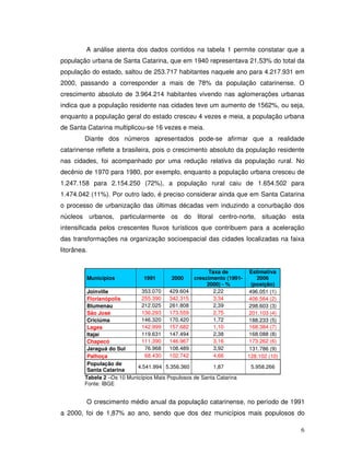 A análise atenta dos dados contidos na tabela 1 permite constatar que a
população urbana de Santa Catarina, que em 1940 representava 21,53% do total da
população do estado, saltou de 253.717 habitantes naquele ano para 4.217.931 em
2000, passando a corresponder a mais de 78% da população catarinense. O
crescimento absoluto de 3.964.214 habitantes vivendo nas aglomerações urbanas
indica que a população residente nas cidades teve um aumento de 1562%, ou seja,
enquanto a população geral do estado cresceu 4 vezes e meia, a população urbana
de Santa Catarina multiplicou-se 16 vezes e meia.
         Diante dos números apresentados pode-se afirmar que a realidade
catarinense reflete a brasileira, pois o crescimento absoluto da população residente
nas cidades, foi acompanhado por uma redução relativa da população rural. No
decênio de 1970 para 1980, por exemplo, enquanto a população urbana cresceu de
1.247.158 para 2.154.250 (72%), a população rural caiu de 1.654.502 para
1.474.042 (11%). Por outro lado, é preciso considerar ainda que em Santa Catarina
o processo de urbanização das últimas décadas vem induzindo a conurbação dos
núcleos urbanos, particularmente os do litoral centro-norte, situação esta
intensificada pelos crescentes fluxos turísticos que contribuem para a aceleração
das transformações na organização socioespacial das cidades localizadas na faixa
litorânea.


                                                         Taxa de       Estimativa
         Municípios            1991       2000     crescimento (1991-     2006
                                                        2000) - %      (posição)
          Joinville           353.070     429.604          2,22       496.051 (1)
          Florianópolis       255.390     342.315          3,34       406.564 (2)
          Blumenau            212.025     261.808          2,39       298.603 (3)
          São José            136.293     173.559          2,75       201.103 (4)
          Criciúma             146.320    170.420          1,72       188.233 (5)
          Lages                142.999    157.682          1,10       168.384 (7)
          Itajaí               119.631    147.494          2,38       168.088 (8)
          Chapecó              111.390    146.967          3,16       173.262 (6)
          Jaraguá do Sul        76.968    108.489          3,92       131.786 (9)
          Palhoça               68.430    102.742          4,66       128.102 (10)
          População de
                             4.541.994 5.356.360          1,87          5.958.266
          Santa Catarina
         Tabela 2 –Os 10 Municípios Mais Populosos de Santa Catarina
         Fonte: IBGE


         O crescimento médio anual da população catarinense, no período de 1991
a 2000, foi de 1,87% ao ano, sendo que dos dez municípios mais populosos do

                                                                                     6
 