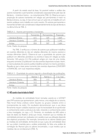 Fernando Silva Parreiras, Antônio Braz de Oliveira Silva , Renato Fabiano Matheus , Wladmir Cardoso Brandão

         A partir do estado atual da base, foi possível realizar a análise dos
autores transientes e permanentes considerados separadamente pelo tipo de
literatura – cinzenta e branca – ou conjuntamente (TAB. 2). Observa-se que a
proporção de autores transientes em relação aos permanentes é maior na
literatura branca, ou seja, é mais comum que um autor de um trabalho em um
evento publique outro trabalho em outro evento. Os autores permanentes e
transientes também são considerados independentemente do tipo de literatura
na última linha da TAB. 2.

TABELA 2 - Autores permanentes e transientes.
                                    Transientes   Permanentes             Proporção
  Literatura Branca                    615            329                   1,869
  Literatura Cinzenta                  239            178                   1,342
  Ambas                                854            507                   1,684
Fonte: Dados da pesquisa
        Na TAB. 3 verifica-se o número de autores que publicaram trabalhos
em eventos diferentes (e não em edições diferentes do mesmo evento) e
revistas diferentes (idem). Observa-se que a quantidade de autores que
publicam em diferentes periódicos ou eventos é baixa em relação ao todo.
Somente 158 autores (12,1%) publicam artigos em mais de uma revista,
enquanto somente 23 publicaram nos dois eventos disponíveis na base. Assim,
a maioria absoluta dos autores publica trabalhos sempre no mesmo periódico.
Ressalta-se que a base possui somente dois eventos disponíveis (CINFORM
e ENANCIB), com suas respectivas edições.

TABELA 3 - Quantidade de autores segundo a diversificação das publicações.
                                     Apenas 1      Apenas 2                3 ou mais
  Literatura Branca                     806          113                       45
  Literatura Cinzenta                   512           23                        -
  Ambas                                1082          143                      104
Fonte: Dados da pesquisa

4.2 ARS usando a base de dados da RedeCI

        As medidas de centralidade foram tomadas usando-se o UCINET
para 949 autores que apresentaram, pelo menos, uma relação de co-autoria.
Não foram feitas análises sobre facções ou grupos isolados entre si
(componentes da rede). Os resultados demonstraram que o uso dessa
ferramenta requer cuidados especiais e que há necessidade de se aprofundar
o conhecimento sobre a estrutura da rede, incluindo o conhecimento sobre
a área investigada, no caso, a CI. Portanto, os resultados da ARS sobre a
base de dados da RedeCI, ainda que iniciais, mostram que as medidas de
centralidade precisam ser analisadas com cautela e que sua utilização depende
dos objetivos propostos. Por exemplo, tomando-se os valores obtidos para
as medidas de centralidade, lembrando-se que o grau de centralidade deve
ter sua ordem invertida para a análise pretendida, foi feita uma análise de
correlação de Pearson para os valores encontrados, o que revelou que as
medidas não se correlacionam (TAB. 4).
                                                                                                                                                                         313




                                                                                           Perspect. ciênc. inf., Belo Horizonte, v.11 n.3, p. 302-317, set./dez. 2006
 
