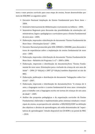 13
novo e mais preciso currículo para essa etapa de ensino, foram desenvolvidas por
meio da SEB/MEC as seguintes ações:
 Encontro Nacional Ampliação do Ensino Fundamental para Nove Anos –
2004.
 Seminário Internacional de Alfabetização e Letramento na Infância – 2004.
 Seminários Regionais para discussão das possibilidades de orientações ad-
ministrativas, legais e pedagógicas e curriculares para o Ensino Fundamental
de nove anos – 2004.
 Elaboração, impressão e distribuição do documento “Ensino Fundamental de
Nove Anos – Orientações Gerais” – 2004.
 Encontro Nacional promovido pela SEB, CONSED e UNDIME, para discussão e
troca de experiências sobre a implantação do ensino fundamental de nove
anos – 2005.
 Elaboração, impressão e distribuição do documento “Ensino Fundamental de
Nove Anos – Relatório do Programa 1 e 2” – 2005 e 2006.
 Elaboração, impressão e distribuição do documento/livro “Ensino Funda-
mental de nove anos: Orientações para a inclusão da criança de seis anos de
idade” – 2006 (1ª Edição) e 2007 (2ª Edição) também disponível no site do
MEC.
 Elaboração, publicação e distribuição do documento “Indagações sobre Cur-
rículo” – 2007.
 Elaboração, impressão e distribuição do documento/livro “A criança de 6
anos, a linguagem escrita e o ensino fundamental de nove anos: orientações
para o trabalho com a linguagem escrita em turmas de crianças de seis anos
de idade” – 2009.
 Análise das propostas pedagógicas e da organização curricular do Ensino
Fundamental, elaboradas e implementadas pelos sistemas estaduais e muni-
cipais de ensino, na perspectiva de subsidiar a SEB/DICEI/COEF na definição
dos objetivos e direitos de aprendizagem, até então denominados de “expec-
tativas de aprendizagem”. Estudo disponível em CD-ROM e no portal do MEC
– 2010.
 