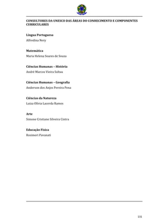 131
CONSULTORES DA UNESCO DAS ÁREAS DO CONHECIMENTO E COMPONENTES
CURRICULARES
Língua Portuguesa
Alfredina Nery
Matemática
Maria Helena Soares de Souza
Ciências Humanas – História
André Marcos Vieira Soltau
Ciências Humanas – Geografia
Anderson dos Anjos Pereira Pena
Ciências da Natureza
Luiza Olívia Lacerda Ramos
Arte
Simone Cristiane Silveira Cintra
Educação Física
Rosimeri Pavanati
 