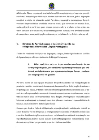 36
A Educação Básica empreende seu trabalho político-pedagógico em busca de garantir
o direito à alfabetização de crianças dos seis aos oito anos de idade, pois a linguagem
constitui o sujeito na interação social. Para isto, é necessário proporcionar-lhes vi-
vências e experiências de oralidade, leitura e escrita que envolvam seu mundo físico,
social, cultural, a partir das quais possam compreender e produzir textos orais e es-
critos variados e de qualidade, de diferentes gêneros textuais, com diversas finalida-
des, com vistas à sua participação autônoma em variadas esferas de interação social.
1. Direitos de Aprendizagem e Desenvolvimento do
componente curricular Língua Portuguesa
Tendo em vista essa concepção de linguagem, a seguir, estão explicitados os Direitos
de Aprendizagem e Desenvolvimento de Língua Portuguesa:
I. Falar, ouvir, ler e escrever textos, em diversas situações de uso
da língua portuguesa, que atendam a diferentes finalidades, que tra-
tem de variados temas e que sejam compostos por formas relaciona-
das aos propósitos em questão.
Por ser a escola um dos espaços de acesso, de questionamento e de ressignificação da
produção científica e artística da humanidade, bem como local de formação de valores e
de participação cidadã, o trabalho com os diferentes gêneros textuais sinaliza que as de-
mais aprendizagens relacionam-se estreitamente com este amplo cenário em que os sen-
tidos do mundo estão sendo construídos. Nesta direção, a formação dos estudantes como
leitores e produtores de textos orais e escritos, falantes e ouvintes é responsabilidade de
todas as áreas curriculares da Educação Básica.
É assim que, desde o Ciclo de Alfabetização, como já realizado na Educação Infantil, as
ações da escola vão na direção de as crianças compreenderem e produzirem textos orais
e escritos de diferentes gêneros textuais, nas variadas esferas sociais de interlocução, em
suportes textuais diversos e para atender a diferentes propósitos comunicativos, consi-
derando as condições em que os discursos são criados e recebidos.
 