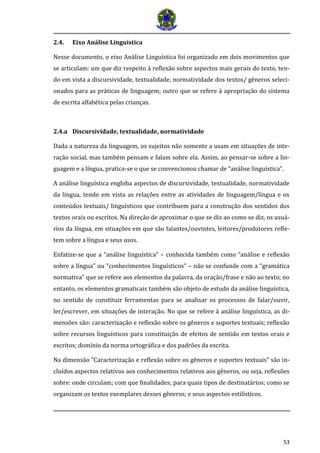53
2.4. Eixo Análise Linguística
Nesse documento, o eixo Análise Linguística foi organizado em dois movimentos que
se articulam: um que diz respeito à reflexão sobre aspectos mais gerais do texto, ten-
do em vista a discursividade, textualidade, normatividade dos textos/ gêneros seleci-
onados para as práticas de linguagem; outro que se refere à apropriação do sistema
de escrita alfabética pelas crianças.
2.4.a Discursividade, textualidade, normatividade
Dada a natureza da linguagem, os sujeitos não somente a usam em situações de inte-
ração social, mas também pensam e falam sobre ela. Assim, ao pensar-se sobre a lin-
guagem e a língua, pratica-se o que se convencionou chamar de “análise linguística”.
A análise linguística engloba aspectos de discursividade, textualidade, normatividade
da língua, tendo em vista as relações entre as atividades de linguagem/língua e os
conteúdos textuais/ linguísticos que contribuem para a construção dos sentidos dos
textos orais ou escritos. Na direção de aproximar o que se diz ao como se diz, os usuá-
rios da língua, em situações em que são falantes/ouvintes, leitores/produtores refle-
tem sobre a língua e seus usos.
Enfatize-se que a “análise linguística” – conhecida também como “análise e reflexão
sobre a língua” ou “conhecimentos linguísticos” – não se confunde com a “gramática
normativa” que se refere aos elementos da palavra, da oração/frase e não ao texto; no
entanto, os elementos gramaticais também são objeto de estudo da análise linguística,
no sentido de constituir ferramentas para se analisar os processos de falar/ouvir,
ler/escrever, em situações de interação. No que se refere à análise linguística, as di-
mensões são: caracterização e reflexão sobre os gêneros e suportes textuais; reflexão
sobre recursos linguísticos para constituição de efeitos de sentido em textos orais e
escritos; domínio da norma ortográfica e dos padrões da escrita.
Na dimensão “Caracterização e reflexão sobre os gêneros e suportes textuais” são in-
cluídos aspectos relativos aos conhecimentos relativos aos gêneros, ou seja, reflexões
sobre: onde circulam; com que finalidades; para quais tipos de destinatários; como se
organizam os textos exemplares desses gêneros; e seus aspectos estilísticos.
 