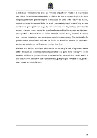 54
A dimensão “Reflexão sobre e uso de recursos linguísticos” refere-se à constituição
dos efeitos de sentido em textos orais e escritos, incluindo a aprendizagem das con-
venções gramaticais que diz respeito às situações em que o texto é objeto de análise,
quanto às pistas linguísticas dadas para sua compreensão ou às situações de revisão
coletiva em que o professor elege determinados recursos linguísticos, para discutir
com as crianças. Nesses casos, são selecionados conteúdos linguísticos que constitu-
em aspectos da textualidade dos textos falados/ ouvidos, lidos/ escritos. A seleção
dos recursos linguísticos que constituem sentidos em um texto é feita em função do
gênero textual em questão, portanto em função de diferentes práticas de aprendiza-
gem de que as crianças participam na escola e fora dela.
Em relação à terceira dimensão “Domínio da norma ortográfica e dos padrões da es-
crita”, destacam-se os conhecimentos necessários para que o texto seja legível, tendo
em vista seu leitor, e por atender aos princípios de funcionamento da escrita alfabéti-
ca e dos padrões de escrita, como concordância, paragrafação ou versificação, pontu-
ação, uso de letras maiúsculas.
 