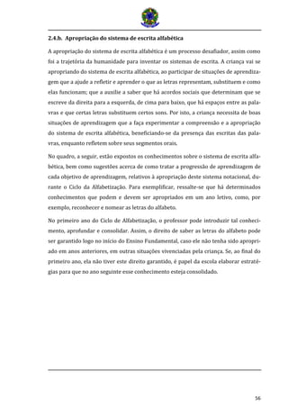 56
2.4.b. Apropriação do sistema de escrita alfabética
A apropriação do sistema de escrita alfabética é um processo desafiador, assim como
foi a trajetória da humanidade para inventar os sistemas de escrita. A criança vai se
apropriando do sistema de escrita alfabética, ao participar de situações de aprendiza-
gem que a ajude a refletir e aprender o que as letras representam, substituem e como
elas funcionam; que a auxilie a saber que há acordos sociais que determinam que se
escreve da direita para a esquerda, de cima para baixo, que há espaços entre as pala-
vras e que certas letras substituem certos sons. Por isto, a criança necessita de boas
situações de aprendizagem que a faça experimentar a compreensão e a apropriação
do sistema de escrita alfabética, beneficiando-se da presença das escritas das pala-
vras, enquanto refletem sobre seus segmentos orais.
No quadro, a seguir, estão expostos os conhecimentos sobre o sistema de escrita alfa-
bética, bem como sugestões acerca de como tratar a progressão de aprendizagem de
cada objetivo de aprendizagem, relativos à apropriação deste sistema notacional, du-
rante o Ciclo da Alfabetização. Para exemplificar, ressalte-se que há determinados
conhecimentos que podem e devem ser apropriados em um ano letivo, como, por
exemplo, reconhecer e nomear as letras do alfabeto.
No primeiro ano do Ciclo de Alfabetização, o professor pode introduzir tal conheci-
mento, aprofundar e consolidar. Assim, o direito de saber as letras do alfabeto pode
ser garantido logo no início do Ensino Fundamental, caso ele não tenha sido apropri-
ado em anos anteriores, em outras situações vivenciadas pela criança. Se, ao final do
primeiro ano, ela não tiver este direito garantido, é papel da escola elaborar estraté-
gias para que no ano seguinte esse conhecimento esteja consolidado.
 